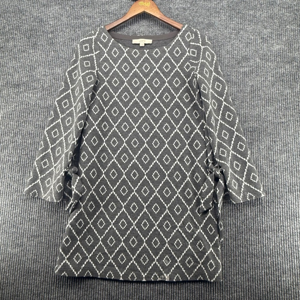 Loft Shift Dress Womens XS Gray Excellent Geometric Diamond Knit 3/4 Tie Sleeve
